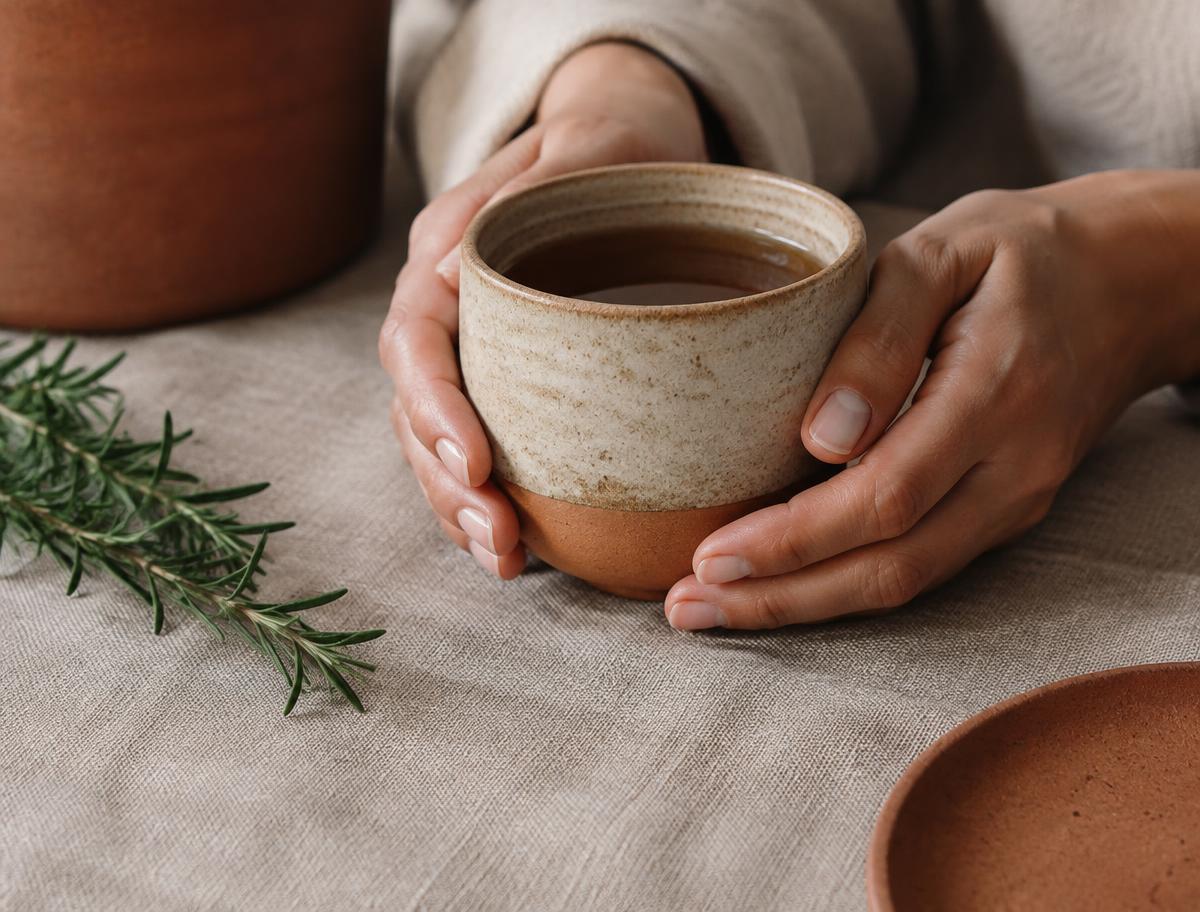 Mani che tengono una tazza di ceramica accanto al rosmarino